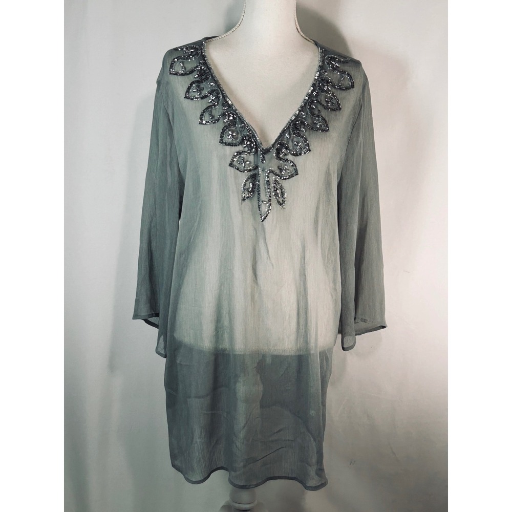 New York & Company Beaded Sequin Tunic Top Sage Green Sheer V-Neck XL